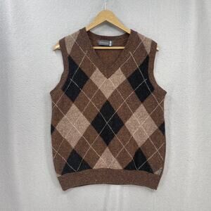 Fisherman Out of Ireland Sweater Vest Mens Sm/Md Brown Wool Argyle Plaid Warm